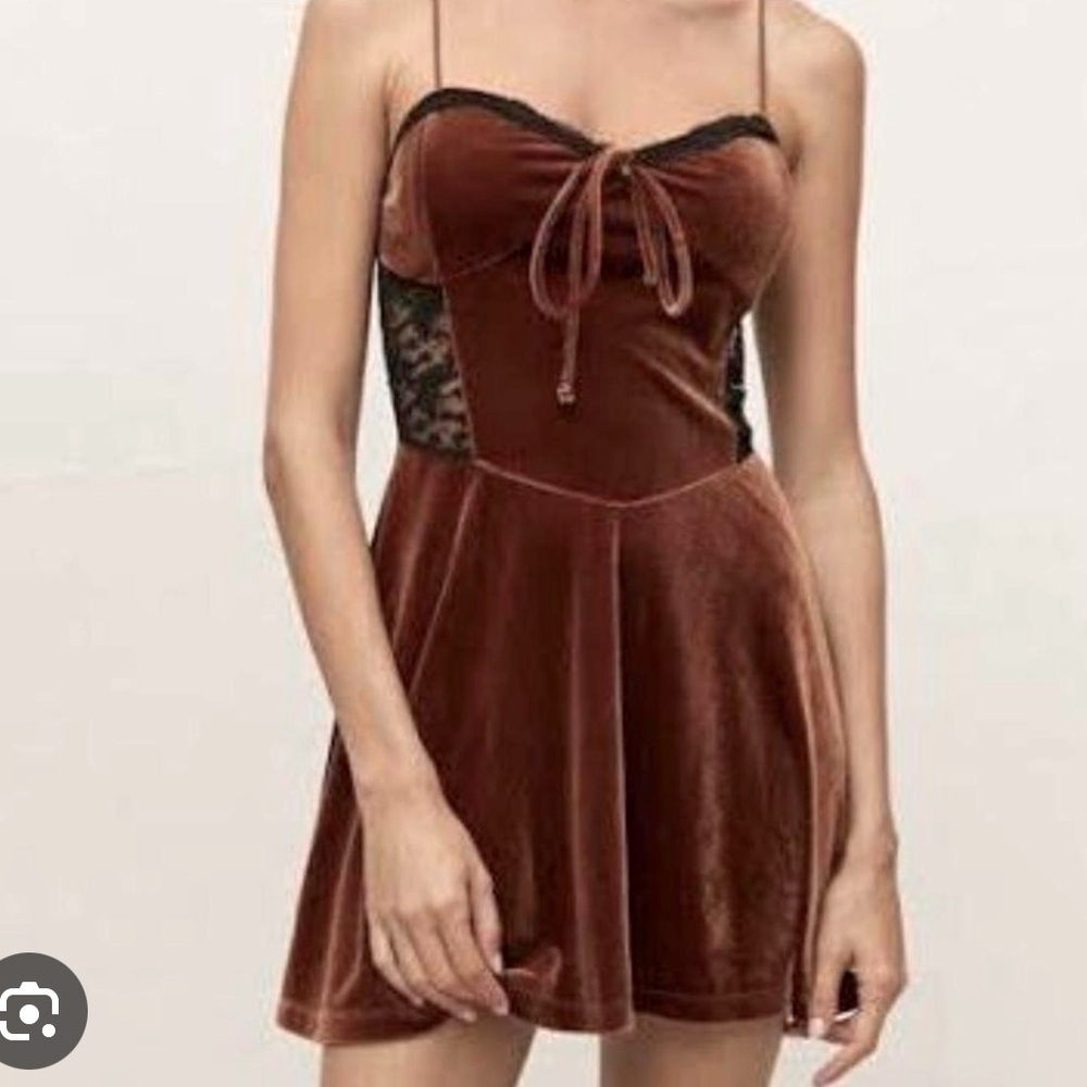 Size S. Urban Outfitters Brown Velvet Lace Mini Dress.